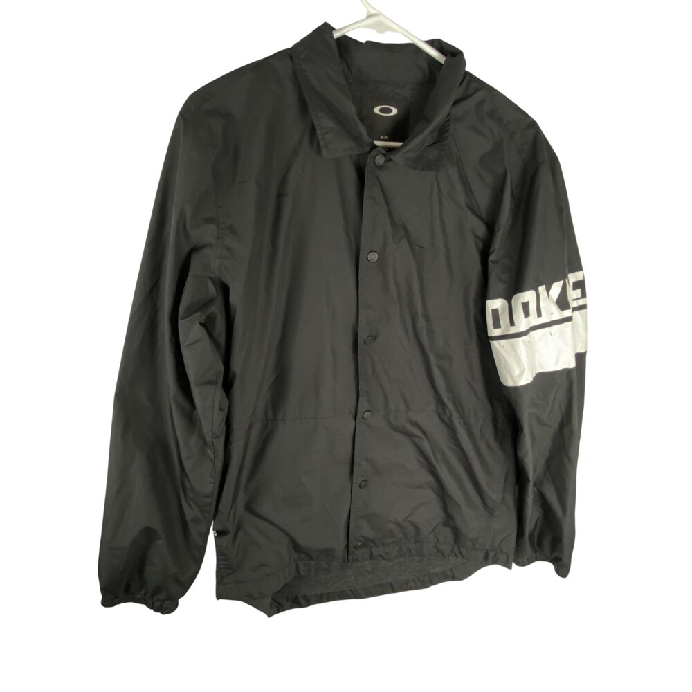 Oakley Jacket Mens Medium Black Snap Front Coach Windbreaker Sleeve Logo